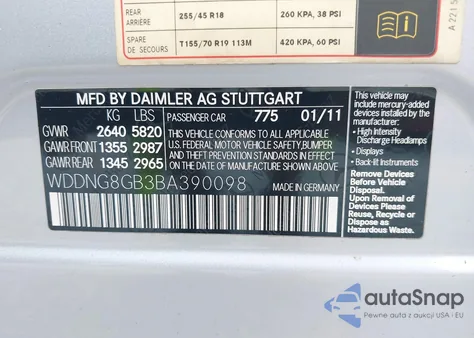 2011 Mercedes-Benz S 550 4Matic z USA, uszkodzony, nr VIN WDDNG8GB3BA390098